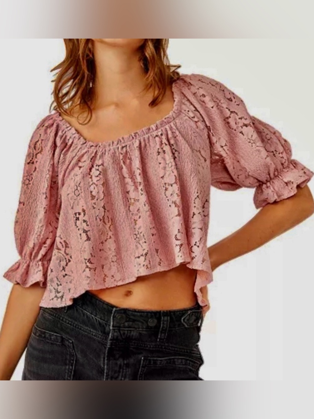 Free People Dusty Rose Lace Peasant Top